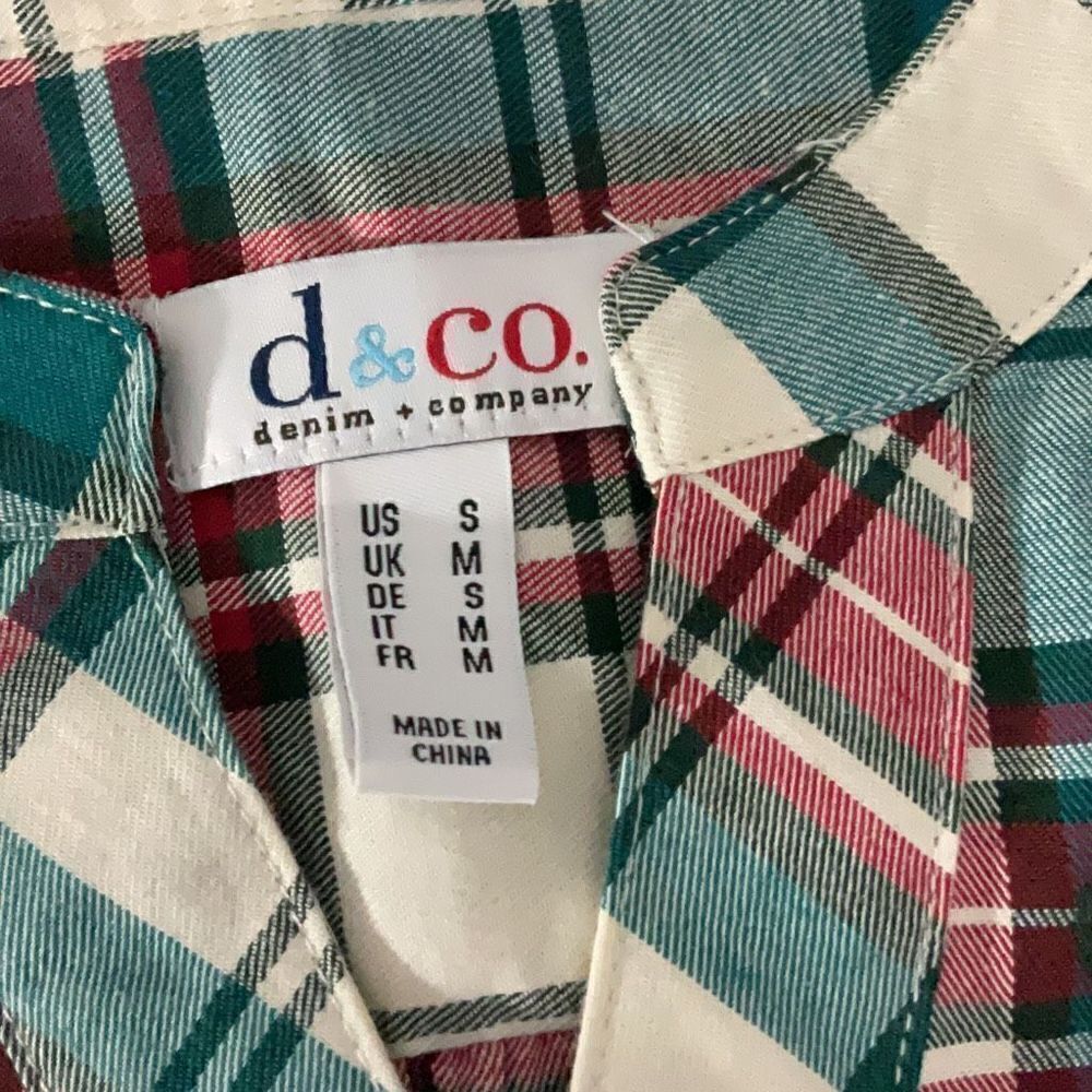denim & co. Red Green Plaid Henley Flannel Embroidered Long Sleeve Top Size S - Picture 5 of 7